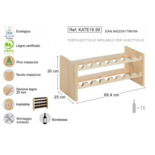 Cantinetta Portabottiglie Impilabile in Legno di Pino Massiccio Linea Katea  16 Posti