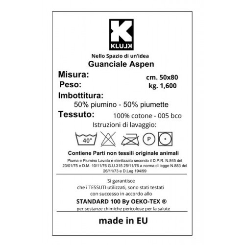 KLULK Guanciale In Piuma D'oca Aspen, Imbottitura 50% Piumino - 50%  Piumette, Fodera 100% Cotone, Misure 50x80 cm