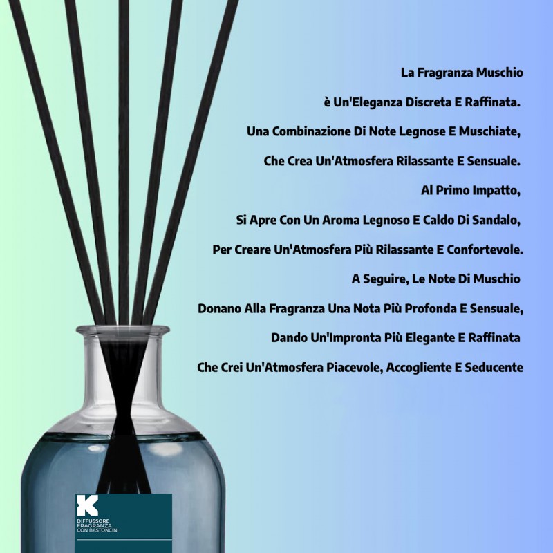 KLULK Diffusore Profumo Ambiente Con Bastoncini Fragranza Muschio 1 Lt  Lunga Durata E Intensità Made In Italy